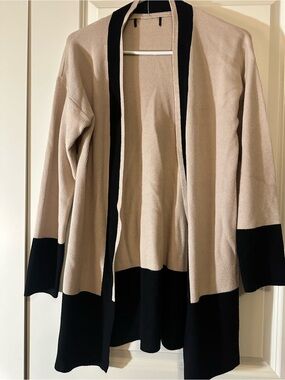 Beige and Black Open Front Women’s Cardigan Sweater